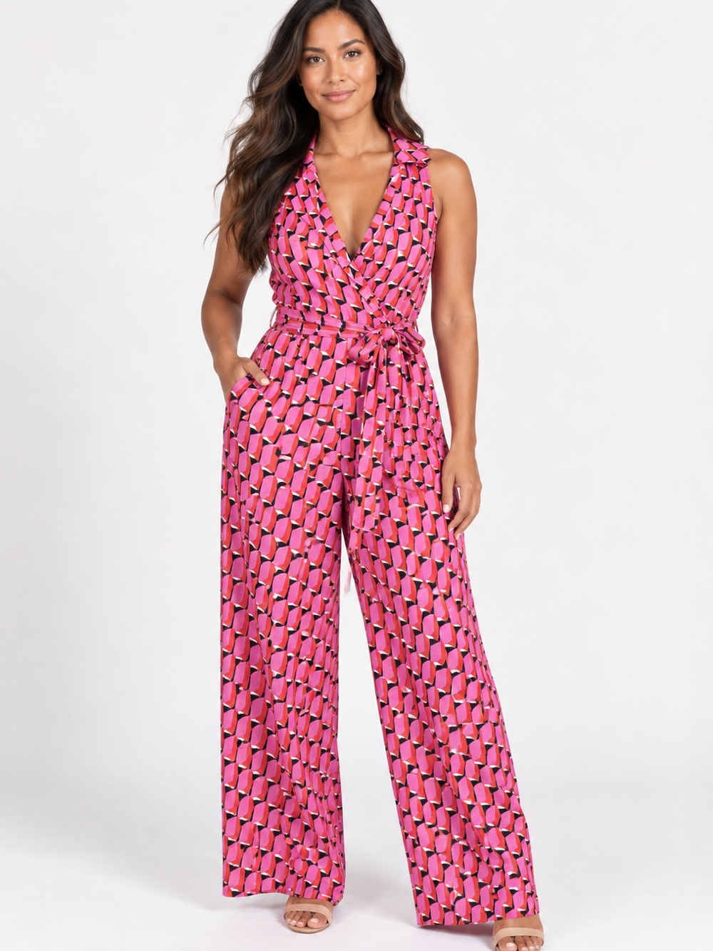 Diane von Furstenberg Collared Sleeveless Pink Modern Geo Jumpsuit